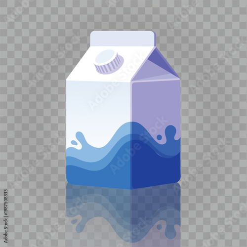 Milk carton vector illustration with blue liquid splash design in flat style, dairy packaging icon ideal for grocery themes, food branding, menus, packaging, and digital graphic projects.