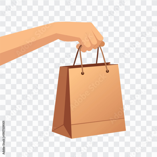 Hand holding paper shopping bag vector illustration in flat style, retail purchase concept ideal for ecommerce themes, consumer behavior visuals, branding, promotions, and digital graphic projects.