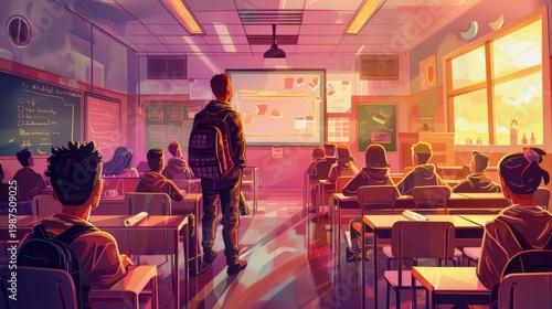 Teacher appreciation day illustration in school, students thanking educator for dedication