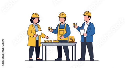 Construction Workers Inspecting Safety Equipment at Construction Site