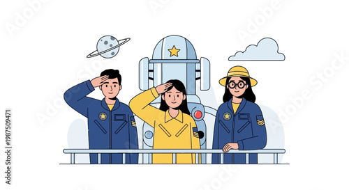 Young Space Enthusiasts Exploring Space Station Scene