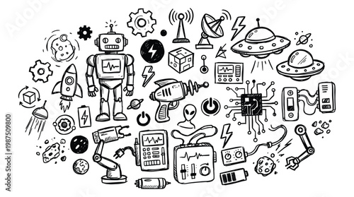 Seasonal Sale doodle illustration features robot, gadgets, and space icons together