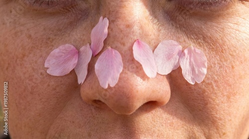 Cherry blossom petals resting on a freckled nose, delicate floral detail and natural skin texture in soft spring light, intimate poetic atmosphere, ultra-realistic, no logos.