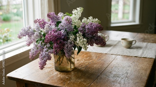 Fresh lilacs in a glass vase on a wooden table, delicate blossoms and soft natural light with subtle shadows, serene spring atmosphere, ultra-realistic, no logos.
