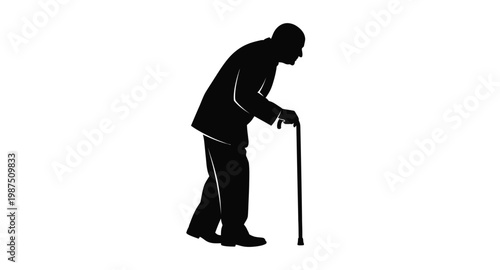 Elderly man walking with a cane black silhouette on transparent background