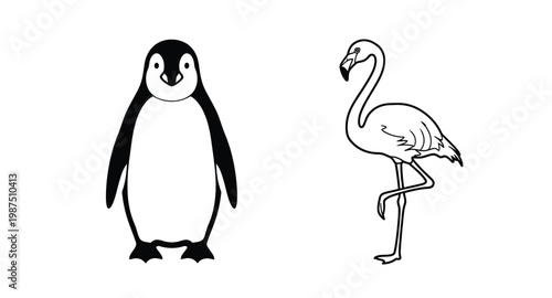 Penguin and flamingo illustration a charming pair on transparent background silhouette
