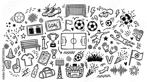 Social media icons showcase various sports symbols and objects in a creative layout