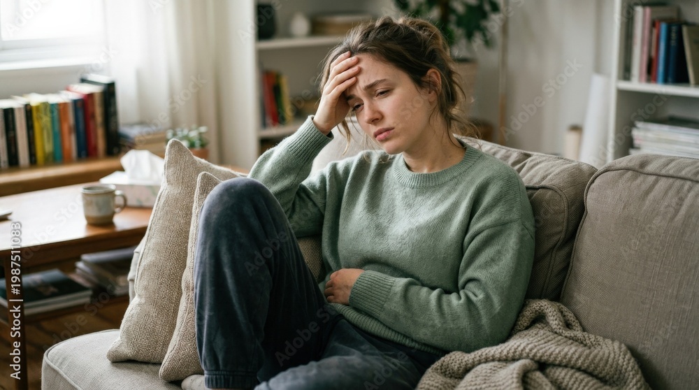 Obraz premium A young woman suffering from pain, soft indoor setting, natural expression and realistic health discomfort under gentle light, ultra-realistic, no logos.