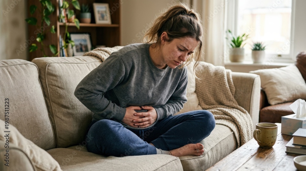 Fototapeta premium A young woman with stomach ache, hands on abdomen, casual home setting and realistic wellness discomfort in soft light, ultra-realistic, no logos.