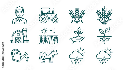 Agricultural icons set for farming and ecology.