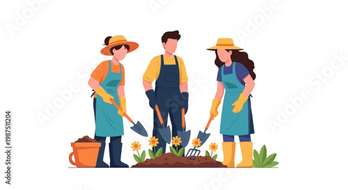Family Gardening Day: Adults Planting Flowers Together in Garden