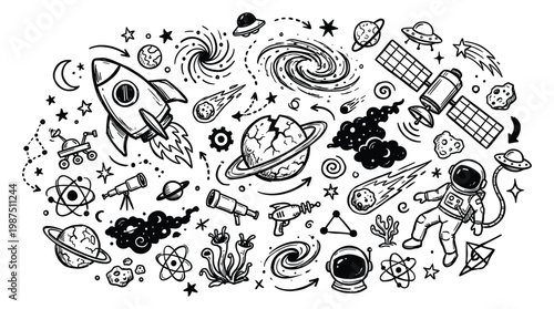 Astronaut floats amidst speech bubbles doodle with planets stars and rockets in space