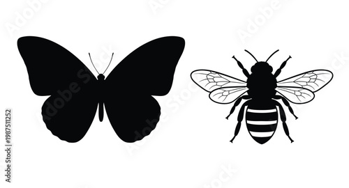Black insect silhouettes of a bee and butterfly on transparent background