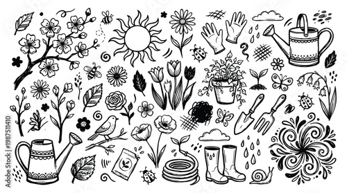 Spring blooms doodle illustration with flowers, gardening tools, and raindrops