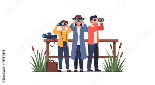 Group of Amateur Birdwatchers with Binoculars Looking at Birds Outdoors