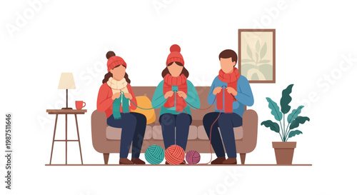 Family Bond as Three People Knit Together Sitting on Couch
