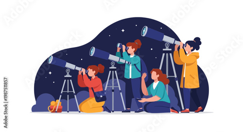 Children Watching Stars Through telescopes in Night Sky