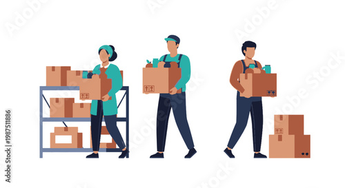 Group of Delivery Workers Carrying Cardboard Boxes for Shipping