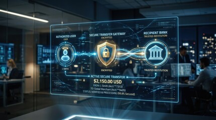 A secure digital payment interface with bank, user and shield icons connected by luminous lines, safe transfer visuals and trusted fintech atmosphere in a modern virtual scene, ultra-realistic, no
