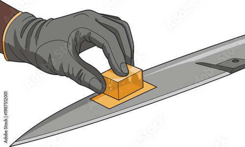 A gloved hand applies composite repair to a blade, showcasing a detailed repair process. Clean, modern illustration with a focus on precision and material.