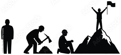 Silhouettes showing progress from worker to mountaintop success with flag and achievement