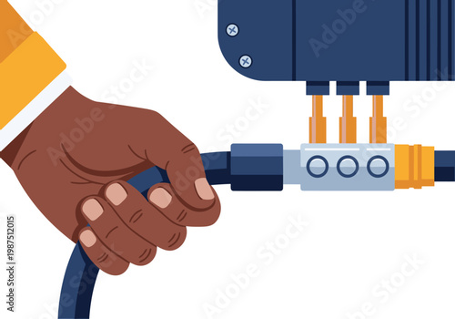 A hand connects a solar inverter to the grid. Modern illustration showcasing renewable energy and grid connection. Clean, professional design.