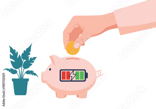 A hand deposits a coin into a piggy bank shaped like a battery, symbolizing energy saving. A plant and piggy bank are in the foreground, with a bright blue background. Modern, flat design.