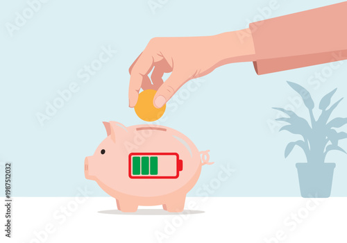 A hand deposits a coin into a piggy bank shaped like a battery, symbolizing energy savings. A plant adds a touch of freshness. Modern, flat illustration.