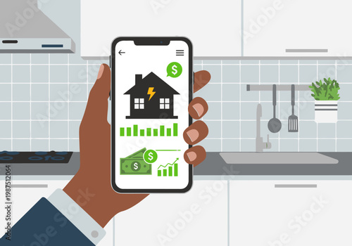 A hand holds a smartphone displaying an energy monitoring app showing household energy usage. Modern kitchen setting. Ideal for illustrating smart home technology and energy savings.