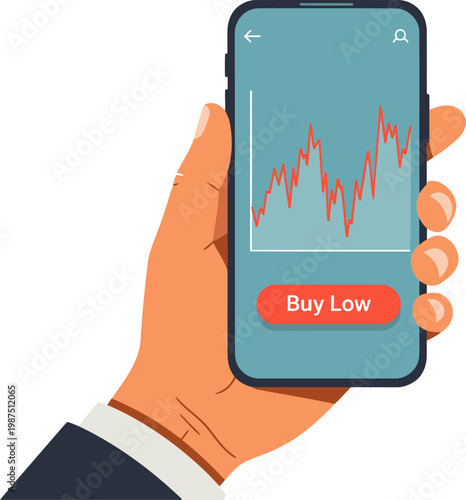 A hand holds a smartphone displaying an energy price chart. A 'Buy Low' button is visible. Modern app interface, professional setting. Ideal for energy monitoring concepts.