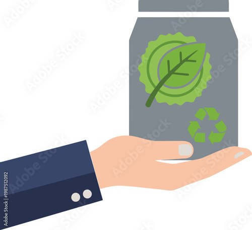 A hand holds a jar with a biodegradable label and leaf icon. Clean, modern design. Suitable for eco-friendly product promotion.