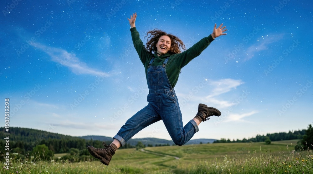 Obraz premium A happy young person in overalls and a hoodie jumping against a bright blue sky with sparkling stars, uplifting carefree atmosphere, ultra-realistic, no logos.