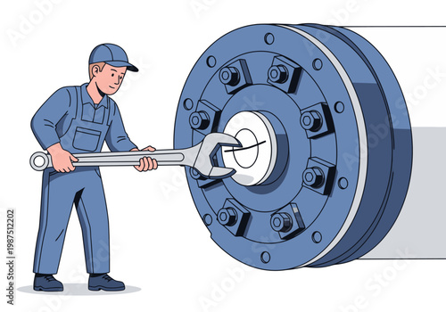 A mechanic checks rotor hub bolts on a large industrial machine. Clear, focused image for technical illustrations and equipment visuals.