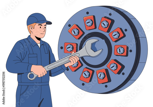 A mechanic checks rotor hub bolts with a wrench. Clear, detailed illustration showcasing maintenance and repair. Professional, informative, and visually appealing.