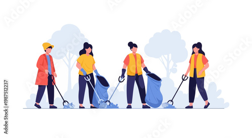 Team of Volunteers Cleaning Up Park with Brooms and Trash Bags