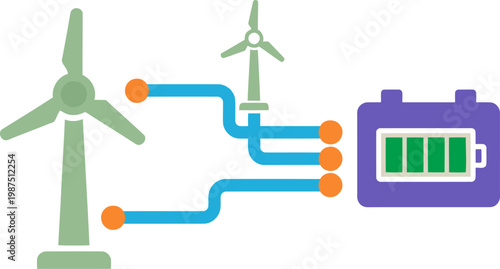 Modern illustration depicting wind turbine feeding energy into a battery storage system Clean lines and bright colors showcase renewable energy integration Ideal for tech and sustainability visuals