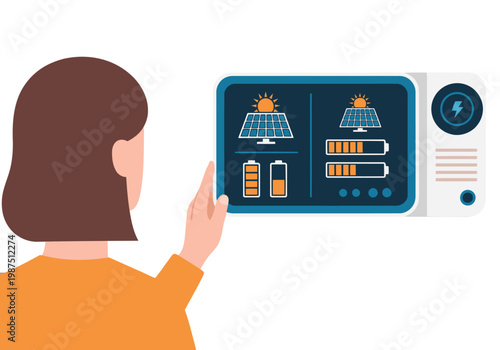 monitors a home energy dashboard on her tablet showcasing solar panels and battery levels Modern clean design with bright informative visuals Ideal for sustainability and smart home concepts