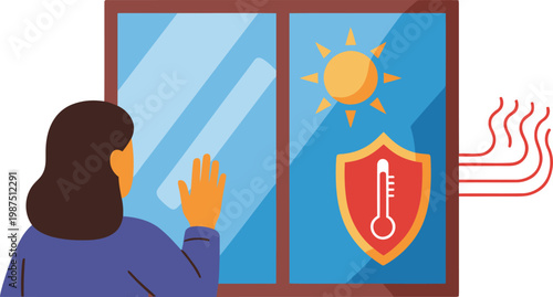 A woman observes a thermal window, showcasing energy efficiency. The sun and heat waves illustrate insulation. Modern, informative graphic.