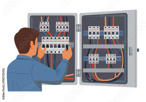 A technician inspects electrical cabinet wiring. Detailed illustration showcases a professional working on complex electrical systems. Clear, modern style.