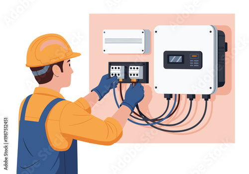 A technician installs solar inverter wiring, showcasing a modern renewable energy setup. Bright, professional, and detailed.