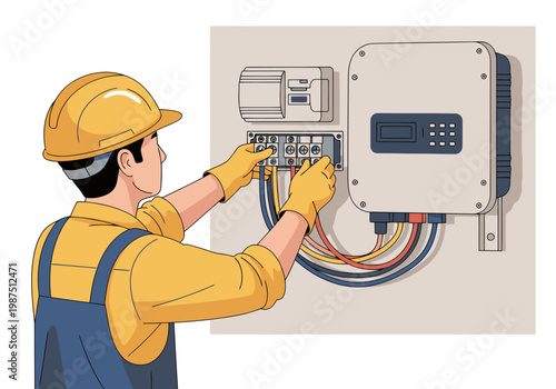 A technician installs wiring on a solar inverter. Focused detail, bright colors, professional setting. Ideal for renewable energy and technology visuals.
