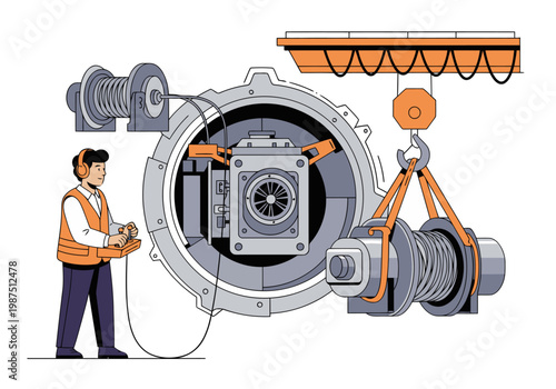 A technician monitors a crane lifting a spare part from a large, industrial storage unit. Detailed illustration, modern style.