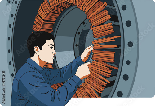 A technician repairs turbine generator windings inside a large industrial machine. Focused detail showcases the complex wiring and maintenance work. Professional setting.