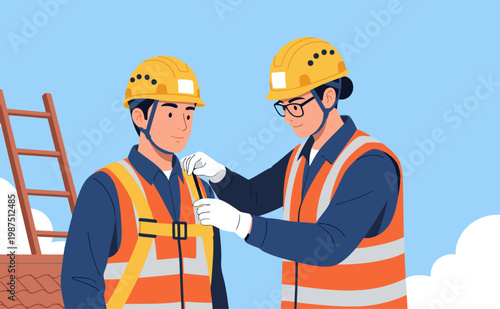 Two construction workers perform a safety harness check on a rooftop. They wear hard hats, vests, and gloves, demonstrating a focus on workplace safety. Bright, clean illustration.