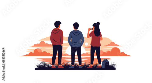 Three Friends Watching Sunset Outdoors