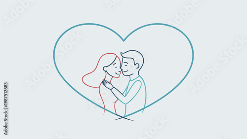 Minimalist line art illustration of a loving couple embracing within a heart outline, symbolizing romance and connection