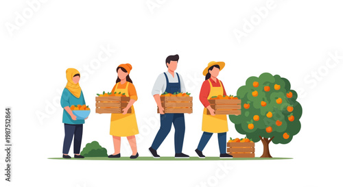 Group of People Picking Fruit in Orchard Scene