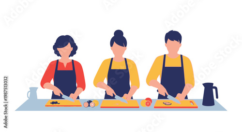 People Cooking in a Modern Kitchen with Cutting Boards and Ingredients