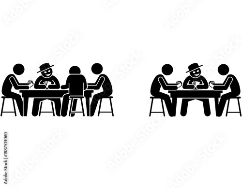 Two groups of stick figures playing cards at tables, depicting a casual game or social gathering.