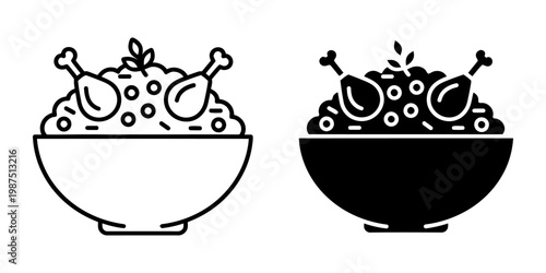 Chicken biryani bowl with drumsticks and peas outline and silhouette icon set for indian cuisine menu design traditional middle eastern meat and rice dish illustration for restaurant branding art.